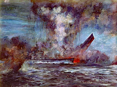 Painting by J.C. Schmitz-Westerholt of the sinking of HMS Hood